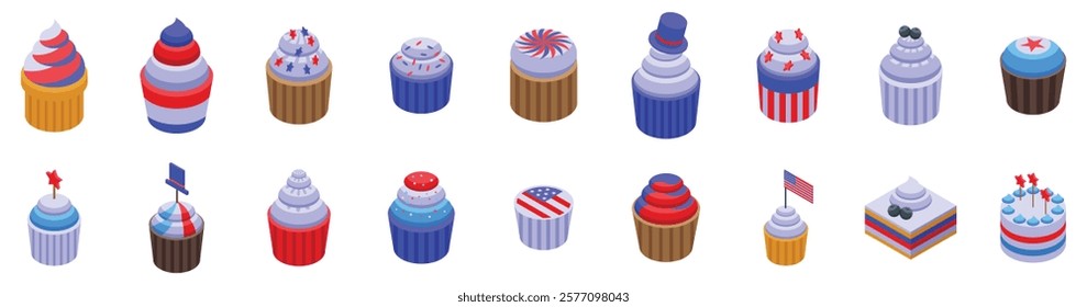  4th july cupcake icons set. Isometric cupcakes with patriotic american flag colors and festive toppings, perfect for 4th of july celebrations