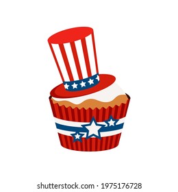 4th of July cupcake patriotic sweets food with hat. USA happy independence day icing muffin with blue stars and red cylinder hat. Flat design cartoon holiday dessert vector food clip art illustration.