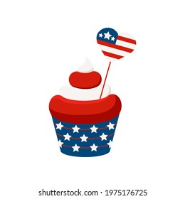 4th of July cupcake sweets food with heart shape flag. USA happy independence day icing muffin with red and blue flag. Flat design cartoon american holiday dessert vector food clip art illustration.