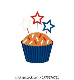 4th of July cupcake sweets food with stars on stick. USA happy independence day icing muffin with red white and blue stars Flat design cartoon holiday dessert vector food clip art illustration.