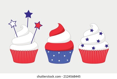 4th Of July Cupcakes Set Sweets Food. USA Happy Independence Day Icing Muffin With Red And Blue Stars, Flag, Cylinder Hat. Flat Design Cartoon Holiday Dessert Vector Clip Art Illustration.