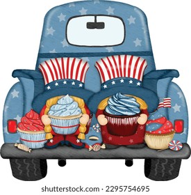 4th of July cute Gnomes with Truck and cupcake independence day Digital painting watercolor