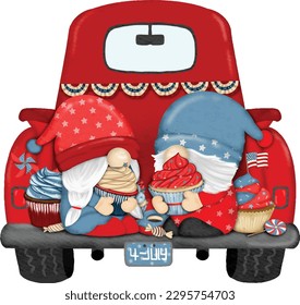 4th of July cute Gnomes with Truck and cupcake independence day Digital painting watercolor