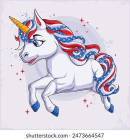 4th of July cute Unicorn character running with USA flag pattern hair for Veterans day, memorial day