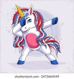 4th of July Dabbing Unicorn, cute unicorn with USA flag pattern hair for Veterans day, memorial day