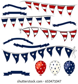 4th of July decorations vector elements. Independence Day pennant banner, balloons and ribbons set