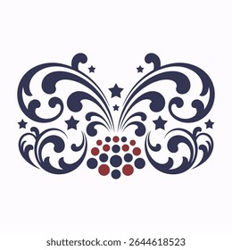  4th July decorative swirls elements, Red and Blue star scroll ornate, independence day flourish swirls design elements
