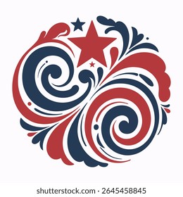  4th July decorative swirls elements, Red and Blue star scroll ornate, independence day flourish swirls design elements
