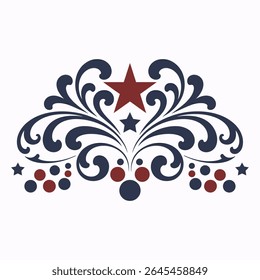  4th July decorative swirls elements, Red and Blue star scroll ornate, independence day flourish swirls design elements
