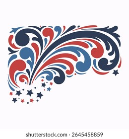  4th July decorative swirls elements, Red and Blue star scroll ornate, independence day flourish swirls design elements
