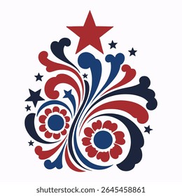  4th July decorative swirls elements, Red and Blue star scroll ornate, independence day flourish swirls design elements

