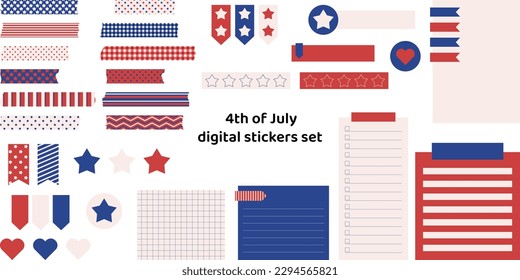 El 4 de julio se pusieron los stickers digitales. Listo para usar cintas de washi digitales, pegatinas y papeles para el periodismo o la planificación de balas. Arte vector conceptual