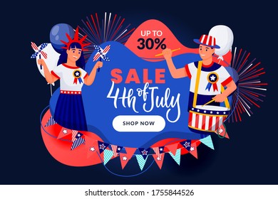 4th of July discount sale banner, poster design template. USA Independence Day celebrating. People in american flag colors patriotic costumes on abstract blue background. Vector holiday illustration