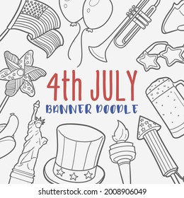 4th July Doodle Banner Icon. Independence Vector Illustration Hand Drawn Art. Line Symbols Sketch Background.