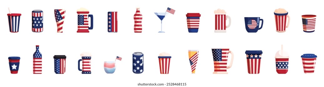 Conjunto de iconos de bebida del 4 de julio. Veintidós bebidas diferentes con un tema de la bandera americana se alinean horizontalmente sobre un fondo blanco