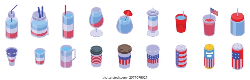  4th july drink icons set. Collection of drinks with usa flag colors and patterns, celebrating independence day with refreshing beverages