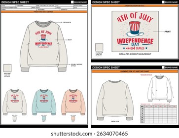 4TH OF JULY DTF PRINT ON TRENDY STYLE SWEATSHIRT EDITABLE EMPTY TECHPACK MEASUREMENT TEMPLATE