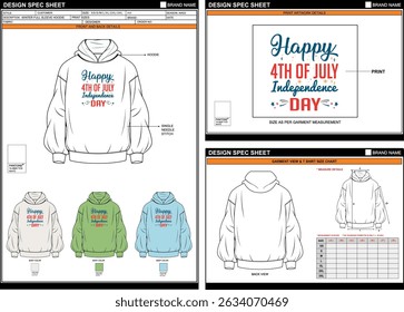 4TH JULY DTF PRINT ON STYLISH TRENDY WINTER HOODIE EDITABLE EMPTY TECHPACK MEASUREMENT TEMPLATE