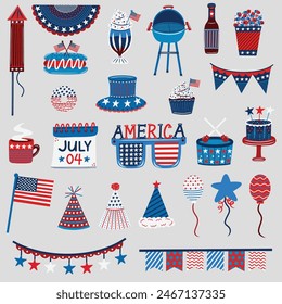 4th of July elements set. American flag, patriotic party balloons, banners, buntings, hats, beer, cake, cupcake, hotdog sandwich, milkshake, popcorn. Hand drawn vector illustrations.