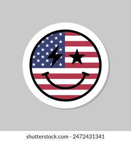 4th of July emoji sticker, US retro smiling face with bolt and star eyes, vector design element