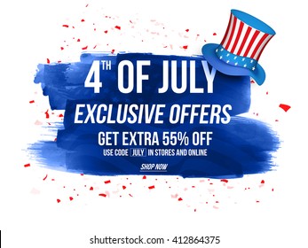 4th of July Exclusive Offers Sale, Sale Poster, Sale Banner, Sale Flyer, Extra Discount Offer, 55% Off, Online Sale. Vector illustration with glossy hat and blue abstract design.