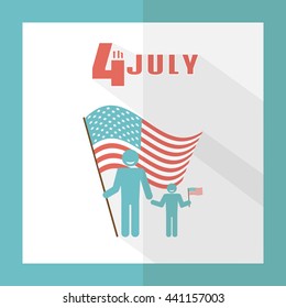 4th of July. Father with baby on a background of the American flag. Greeting card in a flat style. Holiday Independence Day July 4th. Simple, minimal design. Icon in a flat style. Vector illustration