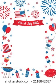 4th of July festival barbecue border frame with flags, grills, fireworks, balloons, food, drinks. Isolated on white background. Design for American Independence Day party invitations.