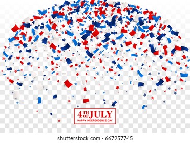 4th of July festive background. American Happy Independence Day design concept with scatter papers, stars in traditional American colors - red, white, blue. Isolated.