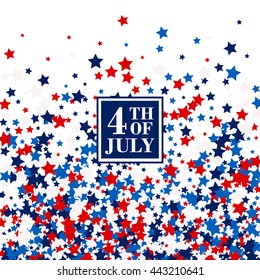 4th of July festive banner concept with scatter stars in traditional American colors - red, white, blue. Isolated.