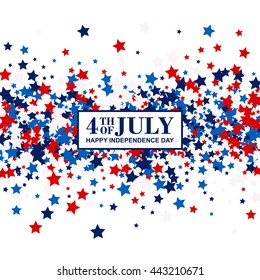 4th of July festive banner with scatter stars in traditional American colors - red, white, blue. Isolated.