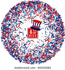 4th of July festive greeting card with top hat in wreath of scatter sawdust  in traditional American colors - red, white, blue. Isolated.