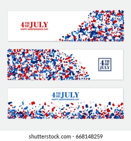 4th July festive horizontal banner set with scattered papers. USA Independence Day design kit in traditional American colors - red, white, blue.