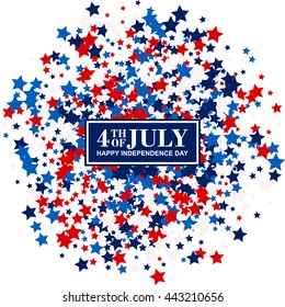 4th of July festive poster with scatter stars in traditional American colors - red, white, blue. Isolated.