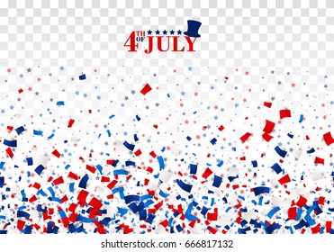 4th of July festive seamless background with top hat, stars. American Happy Independence Day design concept with scatter papers, stars in traditional American colors - red, white, blue. Isolated.