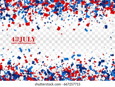 4th of July festive seamless background. American Happy Independence Day design concept with falling papers, stars in traditional American colors - red, white, blue. Isolated.