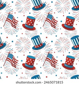 4th of July festive seamless pattern with top hats, fireworks, and flags on a white background. Independence Day, Patriotic cartoon wrapping.