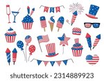 4th July festive vector big set isolated on white background. USA Independence Day elements with American flag, sweets, balloons, fireworks, glasses, garland, hats. For Poster, Banner, web template