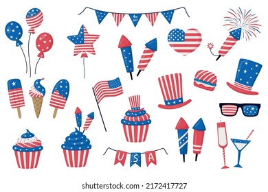 4th July festive vector big set isolated on white background. USA Independence Day elements with American flag, sweets, balloons, fireworks, glasses, garland, hats. For Poster, Banner, web template