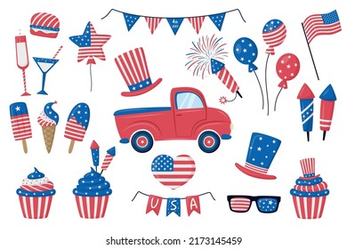 4. Juli festliche Vektorgrafik großen Satz einzeln auf weißem Hintergrund. USA Independence Day Elemente mit rotem LKW, amerikanische Flagge, Süßigkeiten, Ballons, Feuerwerk, Garland, Hüte. Für Poster, Banner, Webvorlage