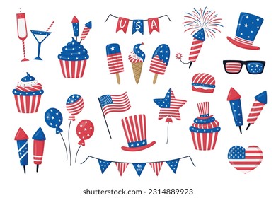 4th July festive vector big set isolated on white background. USA Independence Day elements with American flag, sweets, balloons, fireworks, glasses, garland, hats. For Poster, Banner, web template