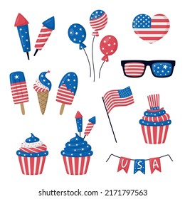 4th July festive vector set isolated on white background. USA Independence Day elements with American flag, sweets, balloons, fireworks, glasses, garland. For Poster, Banner for sale, web template