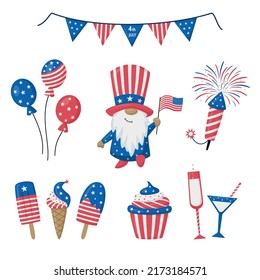 4th July festive vector set isolated on white background. USA Independence Day elements with patriotic gnome, sweets, balloons, fireworks, garland. For poster, banner, cards, web template