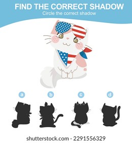 4th of July find the correct shadow for kindergarten and preschool children. kawaii and cute kitten wearing glasses and scarf of American flag design for fourth of July. Vector file.