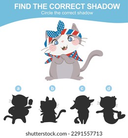 4th of July find the correct shadow for kindergarten and preschool children. kawaii and cute grey kitten wearing headband and scarf of American flag design for fourth of July. Vector file.
