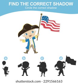 4th of July find the correct shadow for kids. Find the shadow of the 1st president of USA George Washington holding the Flag of America. America Independence Day edition. Vector illustrations file.