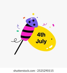 4th of July firework symbolizing Independence Day celebrations with colorful stripes and festive elements in a vibrant, flat vector illustration.