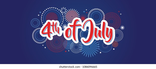 4th July Fireworks Background, Fourth Vector Banner, American National Flag Decoration, Celebration Usa Independence Day Illustration, Symbol Of United States Freedom. Vector Illustration