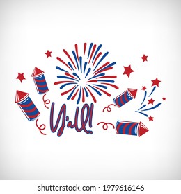 4th of july fireworks on vignette background. Patriotic design with lettering Y'all and firework. Independence day t shirt print, mug, pillow sublimation. Vector illustration.