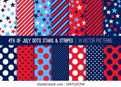 4th of July Fireworks Polka Dots, Stars and Stripes Vector Seamless Patterns. Red, White, Blue Patriotic Backgrounds. Pattern Tile Swatches Included.