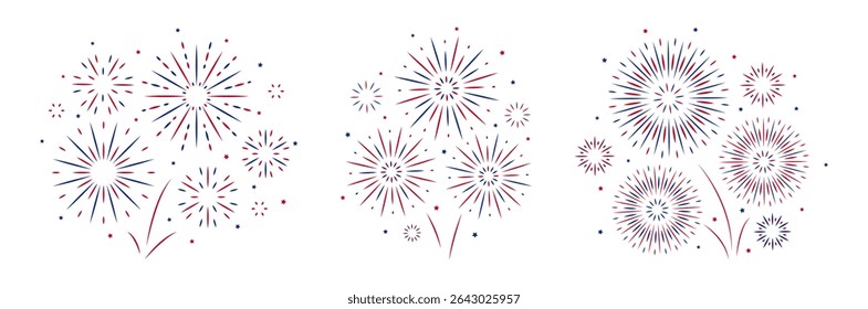 4th of July fireworks set in flat style. USA Independence Day explosion with blue red color. Labor day decoration for poster banner card. Happy new year birthday Sparkles